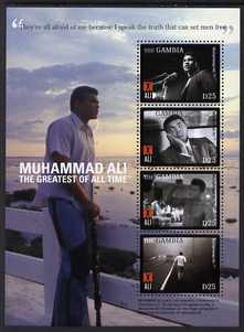 Gambia 2008 Muhammad Ali perf sheetlet of 4 - They're all afraid of me because I speak the truth that can set men free, unmounted mint, SG 5207a, stamps on personalities, stamps on boxing