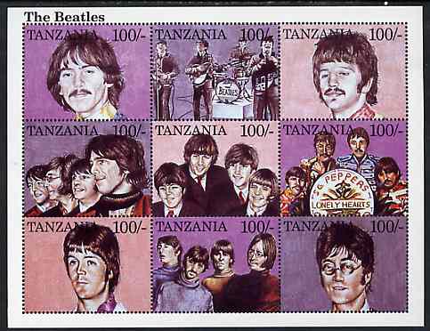 Tanzania 1995 The Beatles perf sheetlet containing 9 x 100s values unmounted mint, stamps on , stamps on  stamps on music      personalities     pops, stamps on  stamps on guitar, stamps on  stamps on beatles