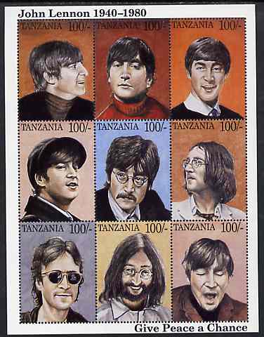 Tanzania 1995 John Lennon perf sheetlet containing 9 x 100s values unmounted mint, stamps on music      personalities     pops, stamps on beatles