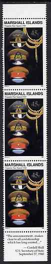 Marshall Islands 1990 History of Second World War (#15) 45c Officers' Caps, unmounted mint strip of 3 with Cordell Hull quotation in margin, SG 339, stamps on , stamps on  stamps on ww2     militaria, stamps on  stamps on  ww2 , stamps on  stamps on 