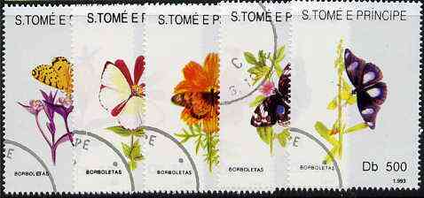 St Thomas & Prince Islands 1998 Butterflies complete perf set of 5 values, cto used*, stamps on butterflies