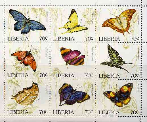 Liberia 1996 Butterflies unmounted mint sheetlet containing complete set of 9 values, stamps on butterflies