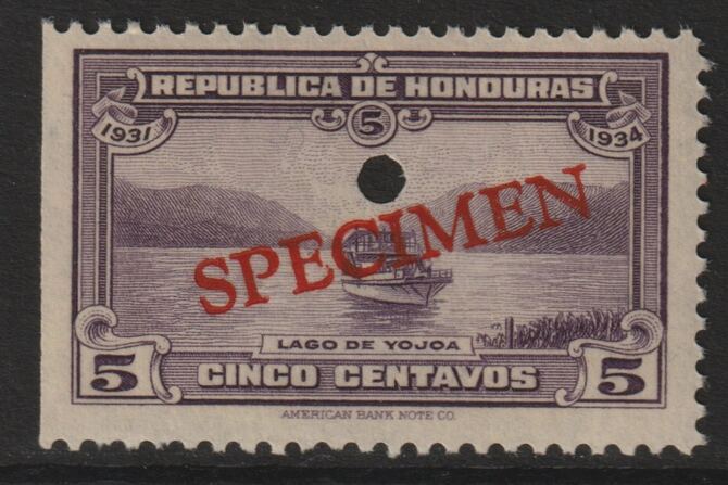Honduras 1931 Boat on Lake Yojoa 5c unmounted mint optd SPECIMEN (20mm x 3mm) with security punch hole (ex ABN Co archives) SG 321, stamps on lakes       ships