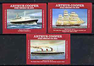 Match Box Labels - Ships set of 3 (QE2, Queen Mary & Cutty Sark) from Speed Through The Ages set of 18, superb unused condition (Arthur Cooper Series), stamps on ships, stamps on  tea , stamps on  qe2 , stamps on , stamps on scots, stamps on scotland
