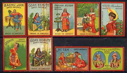 Match Box Labels - complete set of 9 Indian Tea Ladies superb unused condition (Swedish), stamps on drink, stamps on  tea , stamps on drinks, stamps on women
