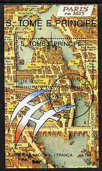 St Thomas & Prince Islands 1991 French Exposition 500Db m/sheet (Early Map) very fine cto used, Mi BL 265, stamps on maps