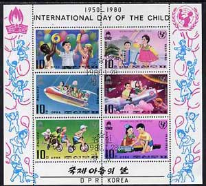 North Korea 1980 International Day Of The Child sheetlet containing complete set of 6, very fine cto used, see after SG N1943, stamps on children, stamps on rainbows, stamps on toys, stamps on  iyc , stamps on railways, stamps on bicycles