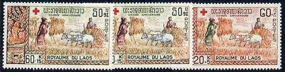 Laos 1967 Tenth Anniversary of Laotian Red Cross complete set of 3 unmounted mint, SG 219-21*, stamps on red cross    medical     agriculture      oxen     bovine