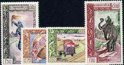 Laos 1962 Philatelic Exhibition & Stamp Day complete set of 4 unmounted mint, SG 124-27*, stamps on stamp exhibitions, stamps on postman     trucks     dancing     elephant