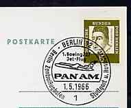 Postmark - West Berlin 1966 postcard bearing 5pfg stamp with special cancellation for the First Boeing 727 Pan-Am Flight between West Berlin and Stuttgart illustrated with 727 aircraft, stamps on aviation       americana      boeing, stamps on 727