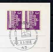 Postmark - West Berlin 1968 postcard bearing 2 x 3pfg stamps with special cancellation for the Essen Space On Stamps Exhibition illustrated with a Rocket & Krupp Departmental Store, stamps on space, stamps on stamp exhibitions