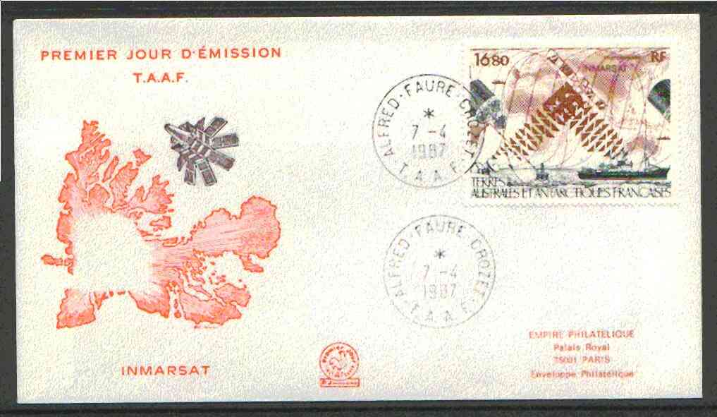 French Southern & Antarctic Territories 1987 Inmarsat Satellite on illustrated cover with first day cancel, SG 230, stamps on communications, stamps on science, stamps on ships