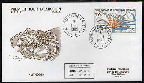 French Southern & Antarctic Territories 1989 Flora & Fauna 1f10 (Crab) on illustrated cover with first day cancel, SG 244, stamps on crabs, stamps on marine-life