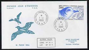 French Southern & Antarctic Territories 1989 Flora & Fauna 3f60 (Blue Petrel) on illustrated cover with first day cancel, SG 247, stamps on birds