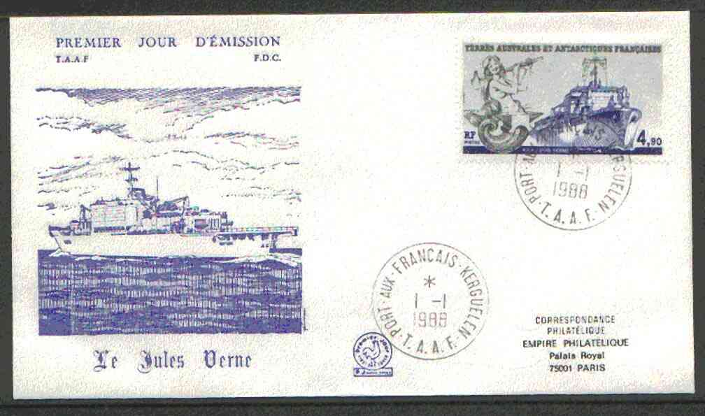 French Southern & Antarctic Territories 1988 Jules Verne (Survey Ship) on illustrated cover with first day cancel, SG 238, stamps on ships, stamps on science, stamps on sci-fi, stamps on mermaids, stamps on literature