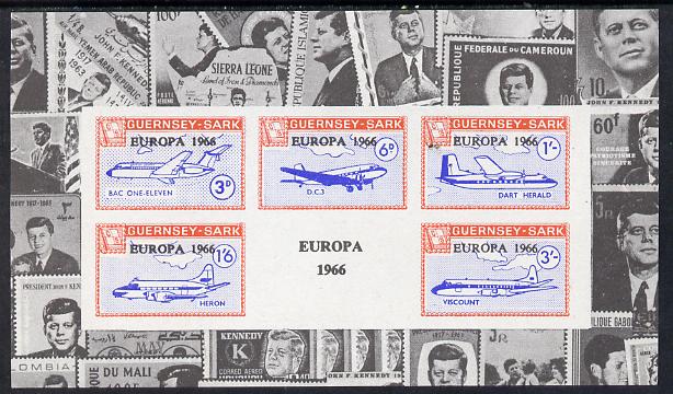 Guernsey - Sark 1966 Europa overprint on Aircraft imperf deluxe m/sheet surrounded by montage of Kennedy stamps, unmounted mint Rosen CS 103LS, stamps on aviation, stamps on europa, stamps on personalities, stamps on kennedy, stamps on usa presidents, stamps on americana