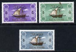 Ras Al Khaima 1965 Ships set of 3 with Abraham Lincoln overprint unmounted mint (Mi 24-26) , stamps on constitutions, stamps on personalities, stamps on ships, stamps on usa presidents, stamps on americana, stamps on lincoln