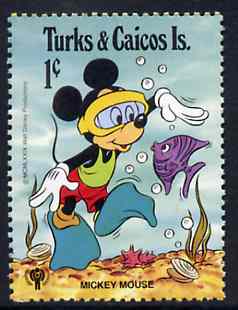 Turks & Caicos Islands 1979 Mickey Mouse Underwater 1c from Walt Disney IYC set, SG 577 unmounted mint, stamps on scuba-diving