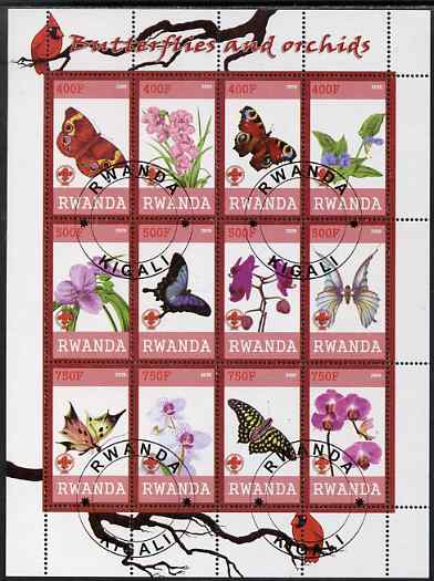 Rwanda 2009 Butterflies and Orchids perf sheetlet containing 12 values cto used , stamps on butterflies, stamps on flowers, stamps on orchids