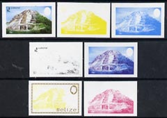 Belize 1983 Maya Monuments $2 (Lamanai) x 7 imperf progressive proofs comprising the 4 main individual colours, plus 3 combination composites unmounted mint as SG 747, stamps on buildings   monuments  tourism    civil engineering