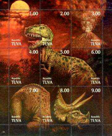 Touva 1999 Dinosaurs composite sheetlet containing complete set of 9 unmounted mint, stamps on dinosaurs