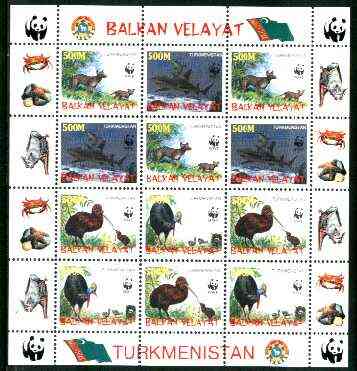 Turkmenistan (Balkan Velayat) 1998 WWF - Wild Animals & Birds perf sheetlet containing complete set of 12 (3 sets of 4) unmounted mint, stamps on wwf     animals    sharks    , stamps on  wwf , stamps on 