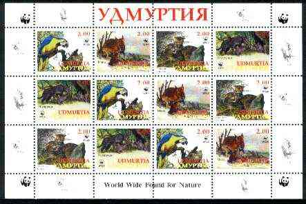 Udmurtia Republic 1998 WWF - Wild Animals & Birds perf sheetlet containing complete set of 12 (3 sets of 4) unmounted mint, stamps on wwf     animals      cats    parrots, stamps on  wwf , stamps on 