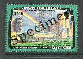 Montserrat 1995 Atomic Power Station $1.15 (from 50th Anniversary of end of World War II set) overprinted SPECIMEN unmounted mint, as SG 970s, stamps on nuclear, stamps on energy, stamps on science, stamps on atomics, stamps on ww2  , stamps on rainbows, stamps on 