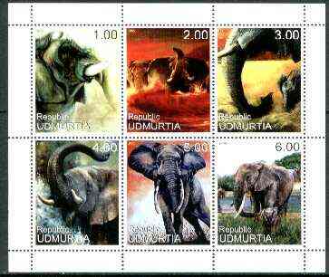 Udmurtia Republic 1999 Elephants sheetlet containing complete set of 6 values unmounted mint, stamps on animals, stamps on elephants