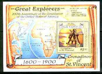 St Vincent - Grenadines 1988 Explorers $5 m/sheet (Sextant & Map) unmounted mint SG MS 572a. , stamps on columbus, stamps on explorers, stamps on maps, stamps on ships, stamps on navigation