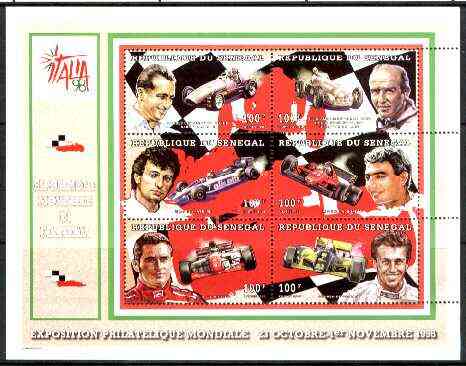 Senegal 1998 Italia '98 Stamp Exhibition (Racing cars & Drivers) perf sheetlet containing set of 6 values unmounted mint, stamps on stamp exhibitions, stamps on racing cars