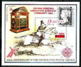 Guyana 1991 European Community scarce $650 on $150 scarce opt in red on 150th Anniversary of Penny Black m/sheet (Post Boy) unmounted mint as SG MS 2747, stamps on postal, stamps on stamp on stamp, stamps on postbox, stamps on horses, stamps on postman, stamps on europa, stamps on stamponstamp
