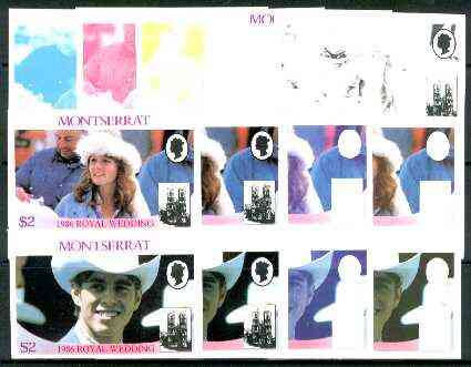 Montserrat 1986 Royal Wedding $2 se-tenant pair (Fergie & Andrew) set of 9 imperf progressive proofs comprising 5 individual colours various multiple-colour composites incl completed design, as SG 693a, stamps on royalty, stamps on fergie, stamps on andrew