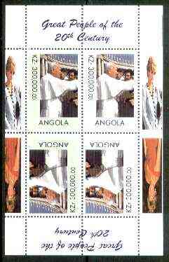 Angola 1999 Great People of the 20th Century - The Pope perf sheetlet of 4 (2 tete-beche pairs with the Diana in margin) unmounted mint, stamps on personalities, stamps on pope, stamps on royalty, stamps on diana, stamps on millennium