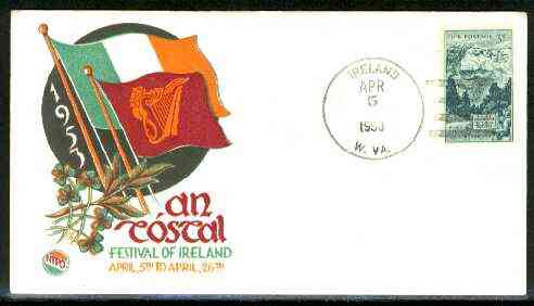 United States 1953 illustrated cover for Festival of Ireland with IRELAND (W VA) cancel, stamps on flags, stamps on harps