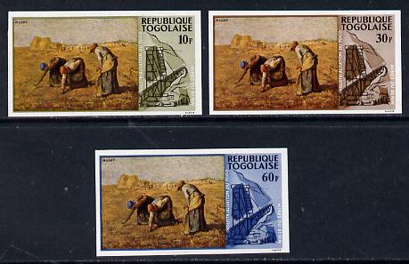 Togo 1968 Paintings of Local Industries 10f, 30f & 60f (Gleaning Millet & Phosphate Mine) unmounted mint imperf (as SG 577, 79 & 81), stamps on arts, stamps on food, stamps on industry, stamps on minerals, stamps on textiles