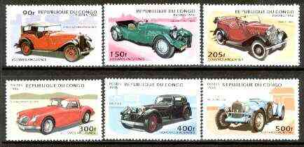 Congo 1996 Cars perf set of 6 unmounted mint, stamps on cars, stamps on  mg , stamps on jaguar, stamps on alvis, stamps on armstrong siddeley, stamps on morris, stamps on aston martin