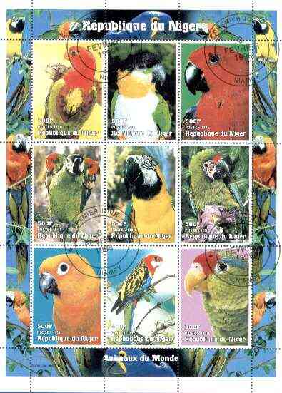 Niger Republic 1998 Parrots sheetlet containing 9 values cto used, stamps on birds, stamps on parrots