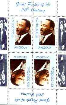 Angola 1999 Great People of the 20th Century - Martin Luther King perf sheetlet containing 4 values (2 tete-beche pairs) unmounted mint (JFK in margin), stamps on personalities, stamps on constitutions, stamps on kennedy, stamps on human rights, stamps on millennium