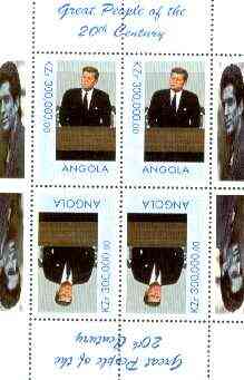 Angola 1999 Great People of the 20th Century - John Kennedy perf sheetlet of 4 (2 tete-beche pairs) unmounted mint, stamps on personalities, stamps on constitutions, stamps on kennedy, stamps on millennium