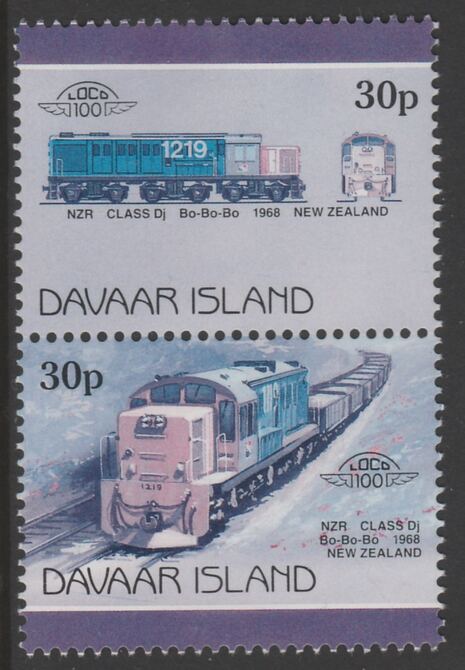 Davaar Island 1983 Locomotives #2 NZR Class Dj Bo-Bo-Bo loco 30p perf se-tenant pair with yellow omitted unmounted mint, stamps on railways