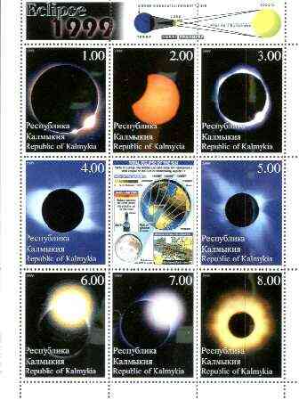 Kalmikia Republic 1999 Eclipse perf sheetlet containing complete set of 9 values unmounted mint, stamps on , stamps on  stamps on eclipse, stamps on astronomy, stamps on  stamps on space