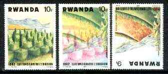 Rwanda 1983 Soil Erosion superb perforated proof comprising 10f black & red colours upright with 9f blue and yellow inverted.  A most unusual and spectacular item with the two appropriate normal stamps, all unmounted mint, stamps on environment, stamps on geology