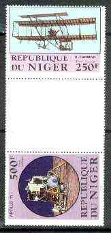 Niger Republic 1983 Manned Flight perforated se-tenant gutter pair comprising 200f & 500f  from uncut archive sheet unmounted mint, rare thus, stamps on aviation, stamps on concorde, stamps on zeppelins, stamps on airships