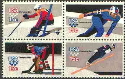 United States 1980 Lake Placid Winter Olympic Games unmounted mint se-tenant block of 4 (Perf 11) SG 1781ba, stamps on olympics, stamps on skating, stamps on ice hockey, stamps on skiing