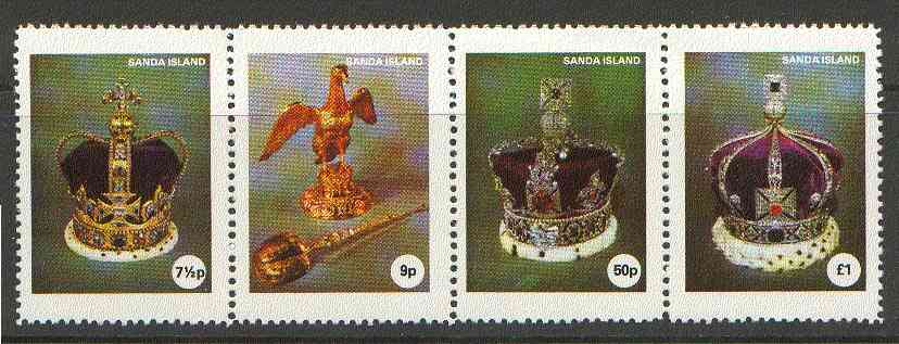 Sanda Island 1977 Coronation 25th Anniversary strip of 4, 2nd Issue (Crowns & Royal Regalia) unmounted mint, stamps on royalty, stamps on coronation