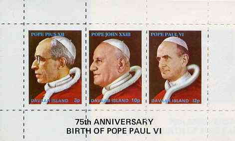 Davaar Island 1973 Popes (Pius XII, John XXIII & Paul VI) rouletted m/sheet unmounted mint , stamps on personalities, stamps on religion, stamps on popes, stamps on pope