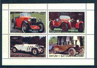 Batum 1996 Classic Sports Cars perf sheetlet containing 4 values unmounted mint, stamps on cars, stamps on  mg , stamps on 
