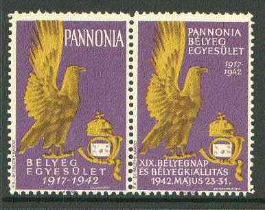 Cinderella - Pannonia 1942 Eagle & posthorn se-tenant pair with purple background unmounted mint, stamps on cinderellas, stamps on birds, stamps on birds of prey, stamps on eagles, stamps on posthorn, stamps on postal