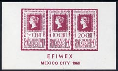 Exhibition souvenir sheet for 1968 Efimex Mexico Stamp Exhibition showing 3 Centenary stamps printed in purple unmounted mint, stamps on cinderella, stamps on stamp exhibitions, stamps on 